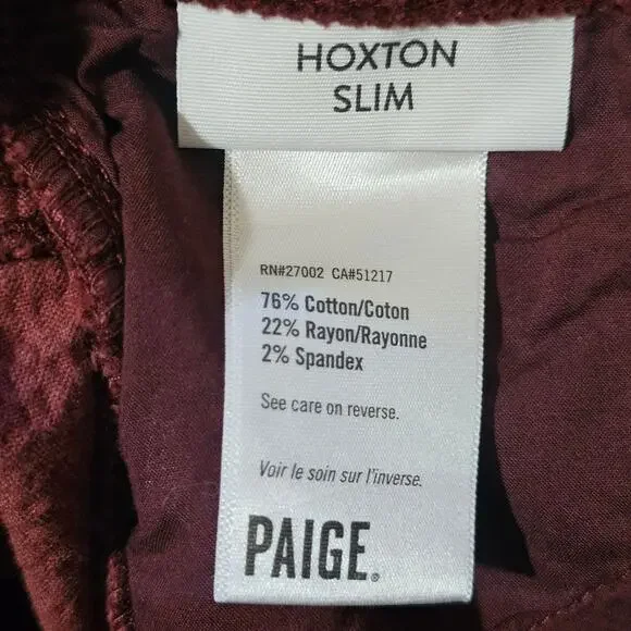 Paige Hoxton Slim Burgundy Corduroy Mid Rise Pants Size 26 - Picture 9 of 9